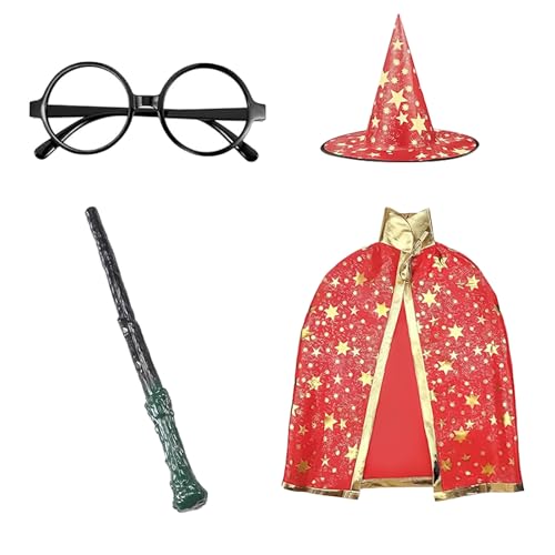 Ajuanbazha 4-Teiliges Hexe Zauberer Umhang Kinder, Zauberin Kostüm Kinder aus Zauberer Cape, Zauberstab, Brille, und Zauberhut, Zauberumhang Kinder für Halloween-Kostümpartys (Rot1) von Ajuanbazha