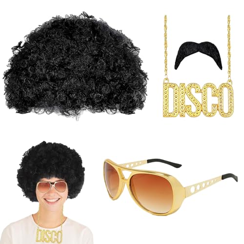 Ajuanbazha 4er Set 60er 70er Hippie Kostüm Set, Afro Perücke, Sonnenbrille, Schnurrbart, Halskette Ideal für Disco, Karneval, Fasching Oder Motto Partys von Ajuanbazha