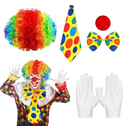 Ajuanbazha 6 Teiliges Clown Kostüm Set mit Regenbogen-Perücke, Clownsnase, Bunter Fliege, Krawatte und Weißen Handschuhen, für Damen, Herren und Kinder, Ideal für Fasching, Karneval von Ajuanbazha