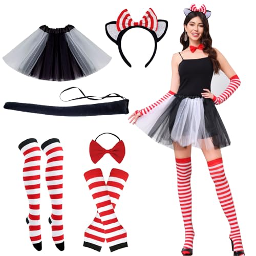 Ajuanbazha 6 Teiliges Katzenkostüm für Mädchen, Katzenohren-Stirnband, Gestreifte Socken, Handschuhe, Schwanz, Schwarzem Tutu und Fliege, Katze Cosplay Set für Halloween, Karneval von Ajuanbazha