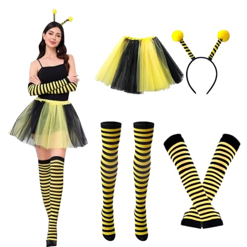 Ajuanbazha Bienenkostüm für Erwachsene, 4 Teiliges Set mit Bienenstirnband, Tüllrock, Gestreiften Socken und Langen Handschuhen, Fasching und Cosplay Partys (Gelb) von Ajuanbazha