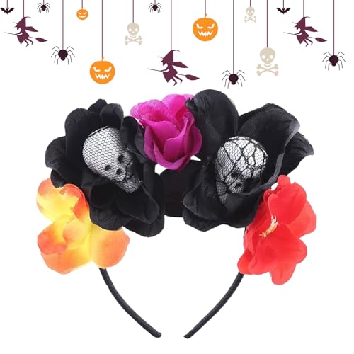 Ajuanbazha Dia De Los Muertos Haarreif mit Temporäre Gesichtstattoos, Haarband mit Skelett Händen & 3 Totenköpfen, Deko Accessoire zu Halloween, Karneval und Fasching (B) von Ajuanbazha