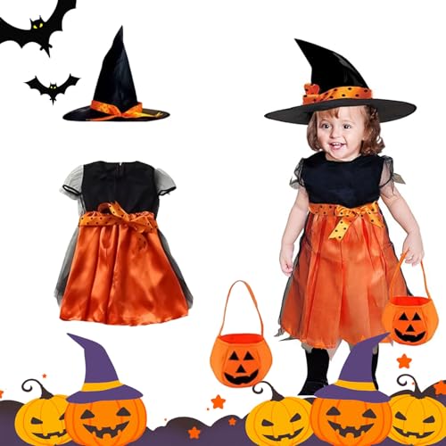 Ajuanbazha Halloween Hexekleid Kinder, Hexenkostüm Mädchen, Kostüm Hexekleid Mädchen mit Hut für Halloween Karneval Cosplay Party (130) von Ajuanbazha