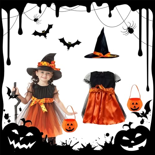 Ajuanbazha Halloween Hexekleid Kinder, Hexenkostüm Mädchen, Kostüm Hexekleid Mädchen mit Hut für Halloween Karneval Cosplay Party (140) von Ajuanbazha