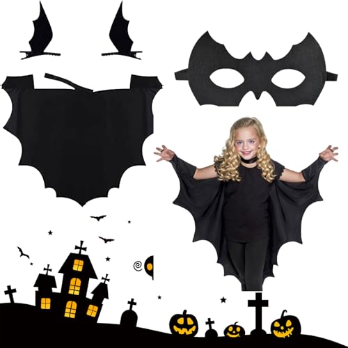 Ajuanbazha Halloween Kostüm Kinder Fledermaus, Halloween Fledermaus Kostüm + Fledermaus Maske + 2 Stück Fledermausflügel Haarspangen, Kostüm Fledermaus Kinder für Halloween Party (110) von Ajuanbazha