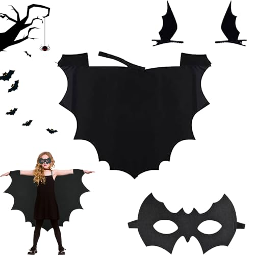 Ajuanbazha Halloween Kostüm Kinder Fledermaus, Halloween Fledermaus Kostüm + Fledermaus Maske + 2 Stück Fledermausflügel Haarspangen, Kostüm Fledermaus Kinder für Halloween Party (140) von Ajuanbazha