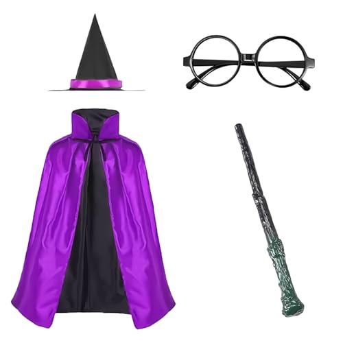 Ajuanbazha Kinder Halloween Kostüm, Teiliges mit Umhang, Zauberstab, Brille und Zauberhut, Kids Witch Cape mit Hut doppelte Seite Vampire Umhang für Cosplay Karneval Halloween Verkleidung Party (A) von Ajuanbazha