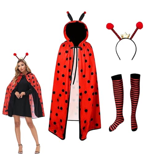 Ajuanbazha Marienkäfer Kostüm Damen, Set für Faschingskostüme Umhang Marienkäfer, Ladybug Kostüm mit Haarreif und Socken für Erwachsene von Ajuanbazha