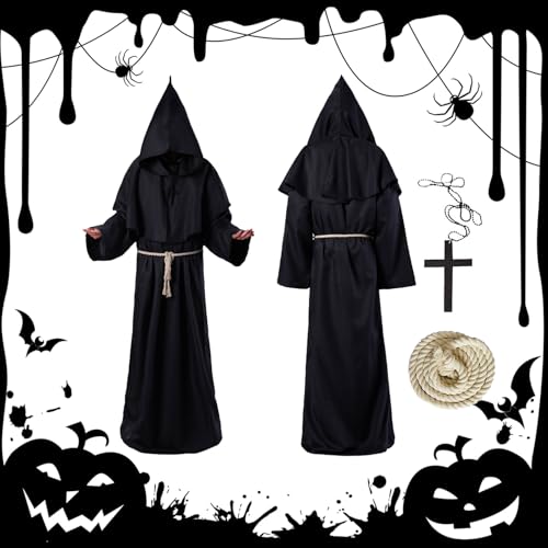 Ajuanbazha Mönch Robe Prister Gewand, Robe Mönch Kostüm Herren mit Kapuze, Priester Kostüm Herren Cosplay, Mittelalter Renaissance Robe Mönchskutte Schwarz für Herren Halloween Mottoparty (A) von Ajuanbazha