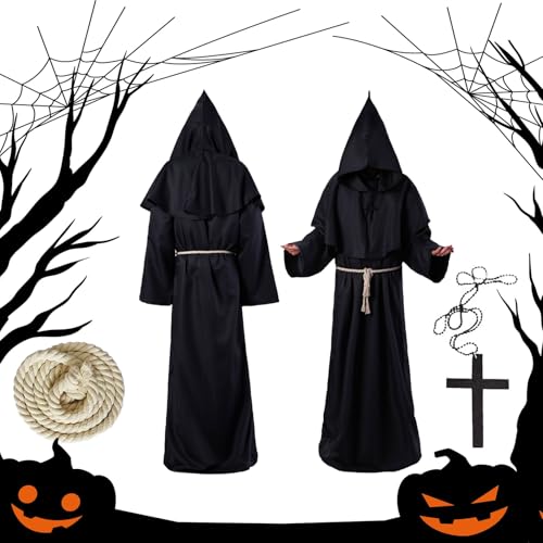 Ajuanbazha Mönch Robe Prister Gewand, Robe Mönch Kostüm Herren mit Kapuze, Priester Kostüm Herren Cosplay, Mittelalter Renaissance Robe Mönchskutte Schwarz für Herren Halloween Mottoparty (B) von Ajuanbazha