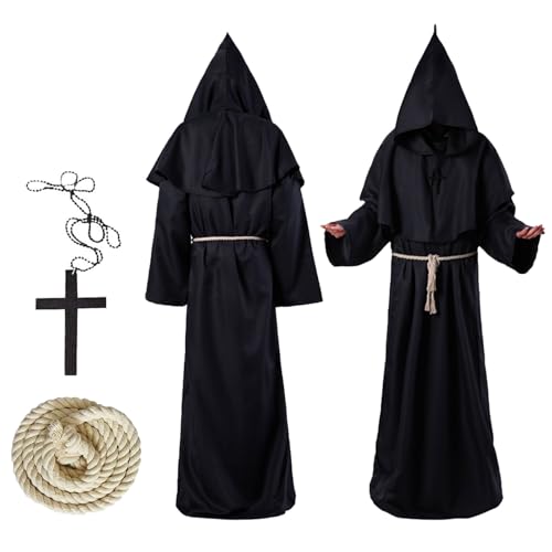 Ajuanbazha Mönch Robe Prister Gewand, Robe Mönch Kostüm Herren mit Kapuze, Priester Kostüm Herren Cosplay, Mittelalter Renaissance Robe Mönchskutte Schwarz für Herren Halloween Mottoparty (C) von Ajuanbazha