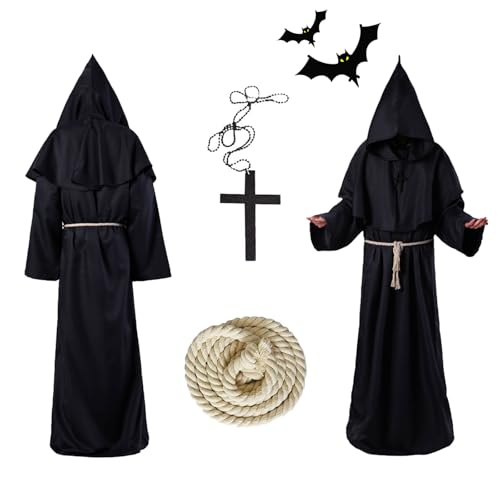 Ajuanbazha Mönch Robe Prister Gewand, Robe Mönch Kostüm Herren mit Kapuze, Priester Kostüm Herren Cosplay, Mittelalter Renaissance Robe Mönchskutte Schwarz für Herren Halloween Mottoparty (D) von Ajuanbazha