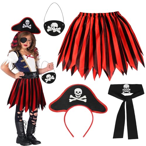 Ajuanbazha 4 Pcs Piratenkostüm Mädchen Kinder, Piratenkostüm Piratengürtel, Piratenhut, Pirat Augenklappe, Piratentuch, Zubehör Piraten Kostüm Kinder für Halloween Karneval von Ajuanbazha