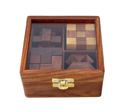 Ajuny Holz Puzzle Spielebox Set – Anspruchsvolle Denksportaufgaben 3D Puzzles für Jugendliche und Erwachsene mit Dekorativer Aufbewahrungsbox Glasdeckel Steckspiele für IQ Test Spielgeschenke von Ajuny