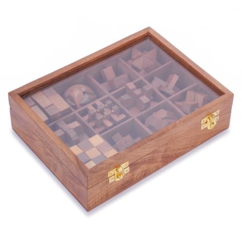 Ajuny 12 Puzzles in Einer Box – Denksportaufgaben aus Holz, 3D Puzzle Spiel Set für Erwachsene mit Dekorativer Aufbewahrungsbox mit Glasdeckel, Herausfordernde Pädagogische Gedankenspiele für Kinder von Ajuny