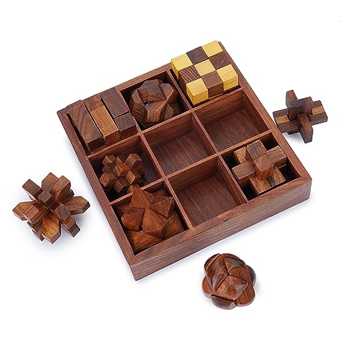 Ajuny Holz Puzzle Spielebox Set – Herausfordernde Denksportaufgaben 3D Puzzles für Jugendliche und Erwachsene mit Dekorativer Aufbewahrungsbox Steckspiele für IQ Test Handgefertigte Spielgeschenke von Ajuny