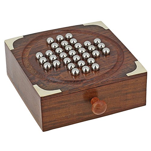 Ajuny Solitaire Spiel aus Holz Handgefertigt Dekorativ mit Stahlmurmeln Lustige Tisch Brettspiele für Die Ganze Familie mit Aufbewahrungsschublade Tolles Geschenk 6x6x2 Zoll von Ajuny