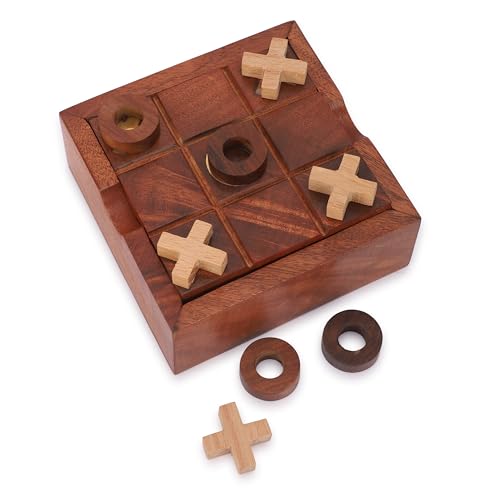 Ajuny Tic Tac Toe und Solitaire Brettspiele aus Holz 2 in 1 Set mit Stahlmurmeln und Nullkreuz für Kinder und Erwachsene Couchtisch Wohnzimmer Deko Lustiges Spiel für den Familienabend 4,5 Zoll von Ajuny