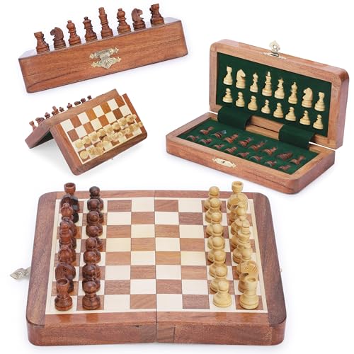 Ajuny Magnetisches Schachbrett-Set aus Holz mit handgefertigten Teilen – Aufbewahrungsschlitze tragbar, für die Reise, einzigartiges Schachspiel für Erwachsene und Kinder, Puzzle-Schachspiel, 7x7 Zoll von Ajuny