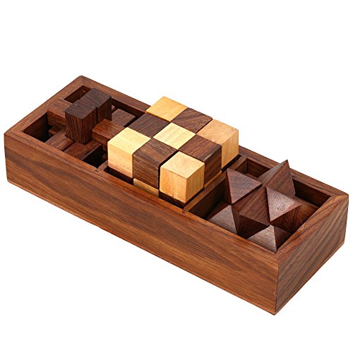 Ajuny Holz Puzzle Spielebox Set – Herausfordernde Denksportaufgaben 3D Puzzles für Jugendliche und Erwachsene mit Dekorativer Aufbewahrungsbox Steckspiele für IQ Test Handgefertigte Spielgeschenke von Ajuny