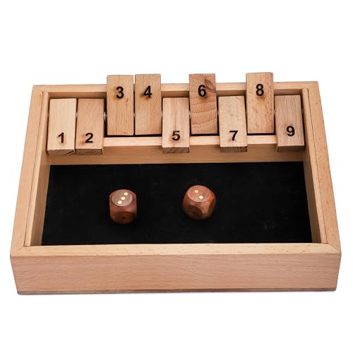 Ajuny Holz-Shut-The-Box-Spiel – 9 Zahlen-Flip-Plättchen mit massivem Naturholz-Spielbrett für Kinder und Erwachsene, Familienspiele, Würfeltischspiel, Barspiele – 9,6 Zoll von Ajuny