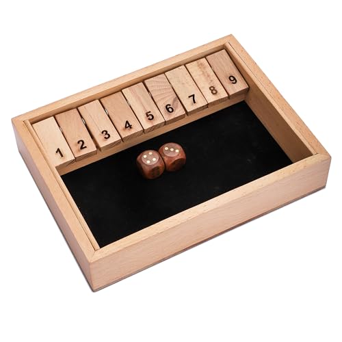 Ajuny Holz-Shut-The-Box-Spiel – 9 Zahlen-Flip-Plättchen mit massivem Naturholz-Spielbrett für Kinder und Erwachsene, Familienspiele, Würfeltischspiel, Barspiele – 9,6 Zoll von Ajuny