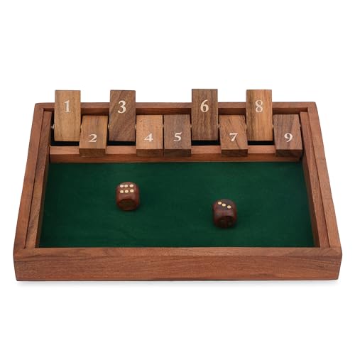 Ajuny Holzspiel Shut The Box – 9 Zahlen Klappplättchen mit Spielbrett Naturholz für Familienspiele für Kinder und Erwachsene Würfel Tischspiele Barspiele – 11 Zoll von Ajuny