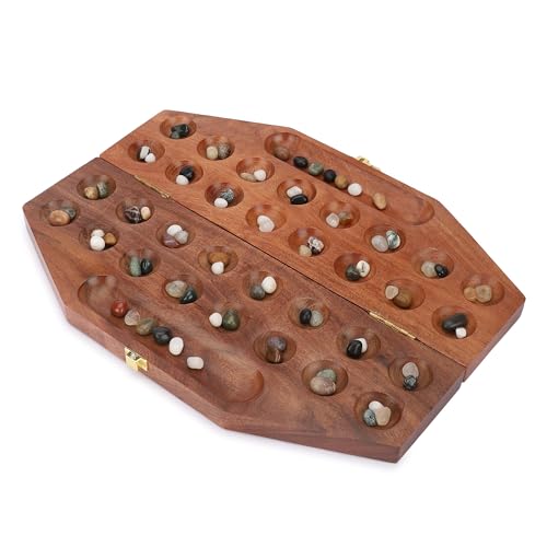 Ajuny Hus Bao Kalaha Mancala Brettspielset aus Holz Klappbrett mit Mehrfarbige Steine Ideal für den Familienabend Tragbares Unterhaltsames Klassisches Tischspiel für Erwachsene und Kinder von Ajuny