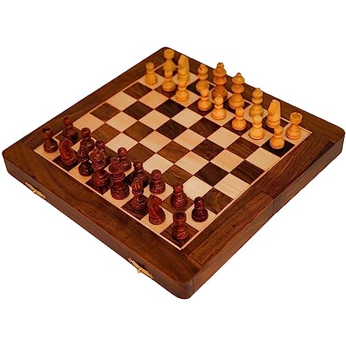 Ajuny Magnetisches Schachspiel aus Holz, Dame Brettspiel mit Aufbewahrungsfächern zusammenklappbares Schachbrettspiel für Kinder und Erwachsene, tragbares Reise Dame Puzzlespiel, 7 Zoll von Ajuny