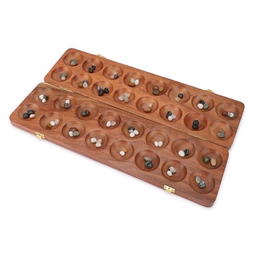 Ajuny Hus - Bao - Kalaha Mancala Brettspiel Set aus Holz Großes Klappbrett mit Mehrfarbige Steine Ideal für den Familienabend Tragbares Klassisches Tischspiel für Erwachsene und Kinder von Ajuny