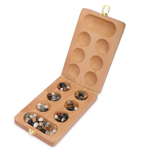 Ajuny Mancala Brettspielset aus Holz – Klappbrett mit 48+32 Mehrfarbigen Steinen Ideal für den Familienabend Tragbares Reiselustiges klassisches Tischspiel für Erwachsene und Kinder von Ajuny