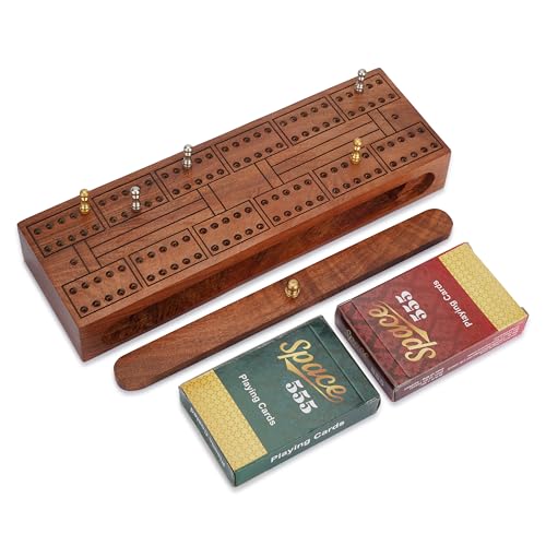 Ajuny Traditionelles Cribbage-Brettspielset aus Holz, klassisches Tischspiel mit 6 Metallklammern und 2 Kartendecks mit Ablagefläche. Brettgröße 10 x 3,1 x 1,4 Zoll von Ajuny