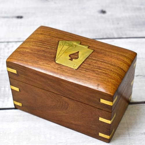 Ajuny Dekorative Handgefertigte Holz Doppeldecker Spielkartenbox Aufbewahrungsbox Organizer Messing Ass Design mit 2 Kartenpackungen Perfekte Geschenkidee für Sie und Ihn von Ajuny