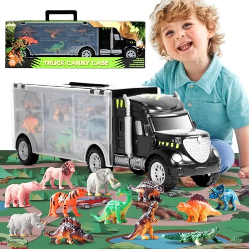 Dinosaurier Spielzeug ab 3 4 Jahre Dinosaurier Spiele LKW Autotransporter Spielzeug ab 3 4 5 6 Jahre Junge Mädchen mit 12 Dinosaurier Figuren Tiere & Spielmatte Geschenk Kinderspielzeug ab 3 4 5 Jahre von Akokie