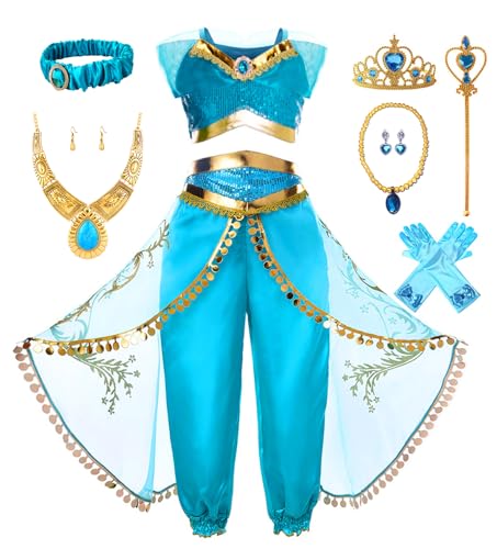 Akokvlar Arabisches Prinzessinnen-Kostüm für Mädchen, Halloween, Party, Verkleidung, Outfits (Blau, 9–10 Jahre) von Akokvlar