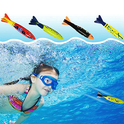 Akozon 4 Stück Torpedo-Raketen-Schwimm-Tauchspiel-Spielzeug, Unterwasser-Wurf-Sommer-Pool-Zubehör für, die Schwimmen Lernen, Hochwertiger Kunststoff, Leuchtende Farben und von Akozon