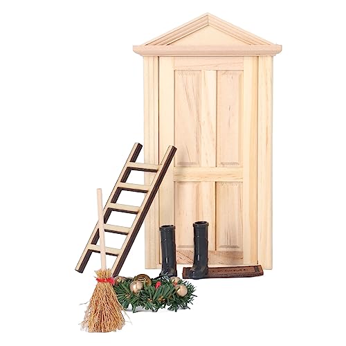 Lindenholz-Weihnachtstür-Set für Puppenhaus, Lindenholz-Mini-Weihnachtsbaum-Tür-Set mit Besen, Leiter, Stock, Öllampe und Tisch für Miniatur-Puppenhaus-Zubehör von Akozon