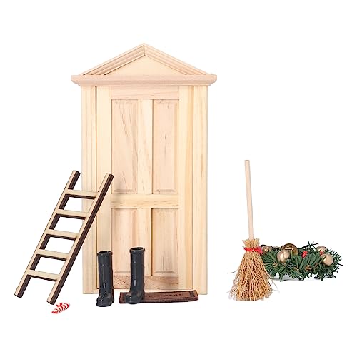 Lindenholz-Weihnachtstür-Set für Puppenhaus, Lindenholz-Mini-Weihnachtsbaum-Tür-Set mit Besen, Leiter, Stock, Öllampe und Tisch für Miniatur-Puppenhaus-Zubehör von Akozon