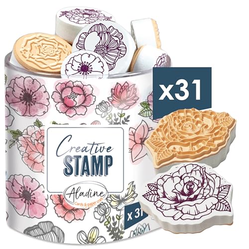 Aladine - 31 Stempel, Blumen, Scrabooking, Karten, Bullet Journal, kreative Hobbys, schwarzes Stempelkissen, Blumenmuster, Natur, 03750 von Aladine