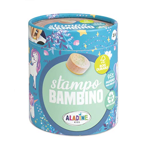 Aladine 3003131 Stempelset für Kinder, Stampo Bambino, Einhörner, 8 Holzstempel mit Stempelkissen, Holz von Aladine