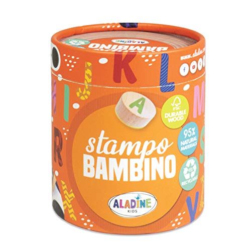 Aladine 3003134 Stempelset für Kinder, Stampo Bambino, Alphabet, 28 Holzstempel mit Stempelkissen, Holz von Aladine