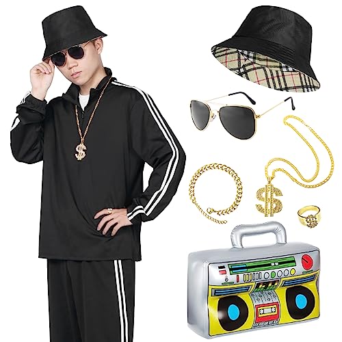 Alaiyaky 80er 90er Jahre Outfit Herren Damen, 8Pcs Schwarz Karneval Kostüm 80er Jahre Trainingsanzug, Neuer 90er 80er Jahre Outfit Retro Anzug für Bad Taste Party Paare Outfit (Schwarz, L) von Alaiyaky