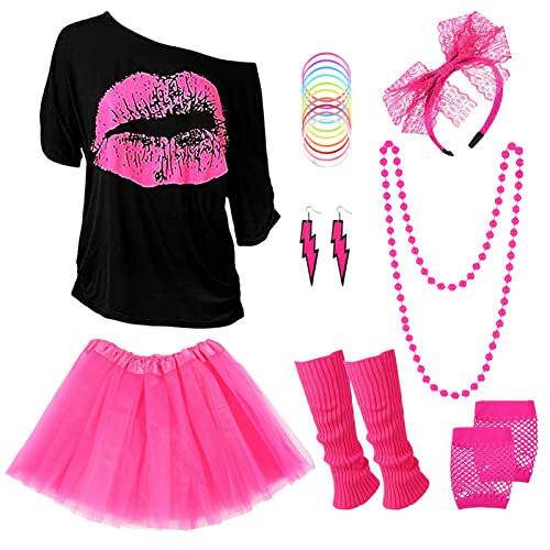 Alaiyaky 80er Jahre Outfit Damen Set, Neon Shirt mit Tutu Stirnband Ohrring Halskette Netzhandschuhe Beinlinge Armband, 80er Jahre Kostüm Accessoires für Thema Party Karneval Halloween (Neon, XL) von Alaiyaky