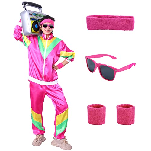 Alaiyaky 80er Jahre Outfit Damen Trainingsanzug 80er Jahre, Jacke/Hose/Stirnband/Armschienen/Brille, Retro Style Jogginganzug, 90er jahre outfit, Bad Taste Party, Karneval (Rosa Rot, XXL) von Alaiyaky