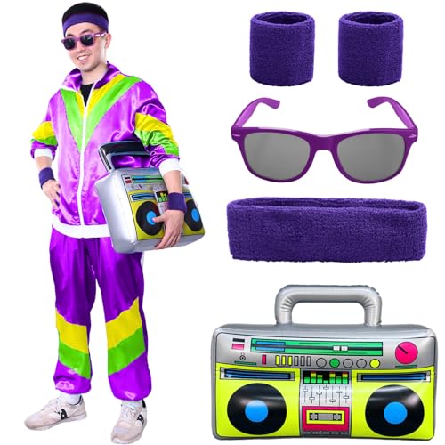 Alaiyaky 80er Jahre Outfit Set, 90er Jahre Outfit Damen Herren 80er Trainingsanzug mit Jacke Hose Schweißbänder Brille Aufblasbarer Ghettoblaster, Bad Taste Outfit für Karneval Mottoparty (Lila, L) von Alaiyaky