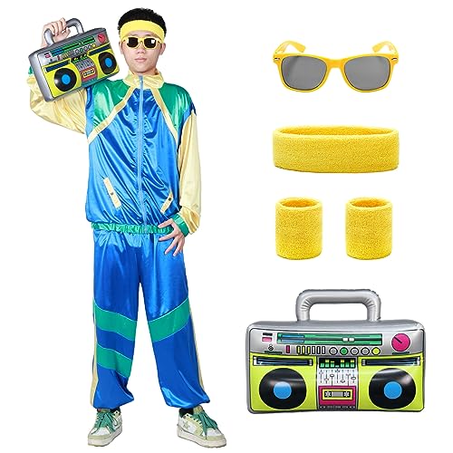 Alaiyaky 90er 80er Jahre Outfit, Retro Jogginganzug Herren Damen 80er Trainingsanzug mit Hose Anzug Schweißbänder Brille Ghettoblaster, 80er Kostüm Bad Taste Outfit für Karneval Faschings (L, Blau) von Alaiyaky