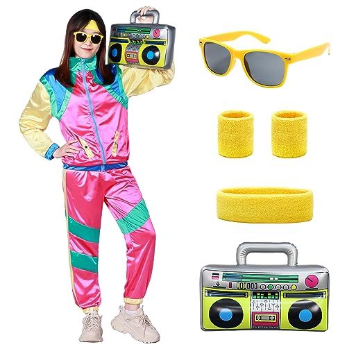 Alaiyaky 90er 80er Jahre Outfit, Retro Jogginganzug Herren Damen 80er Trainingsanzug mit Hose Anzug Schweißbänder Brille Ghettoblaster, 80er Kostüm Bad Taste Outfit für Karneval Faschings (L, Rot) von Alaiyaky