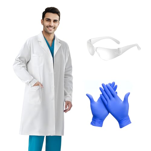 Alaiyaky Arztkittel Set, Arztkittel Damen Laborkittel Herren Arzt Kostüm mit Nitrilhandschuhe Schutzbrille, Medizinische Berufsbekleidung Weiß Kittel Unisex Mantel für Cosplay Labor Schule (Weiß, M) von Alaiyaky