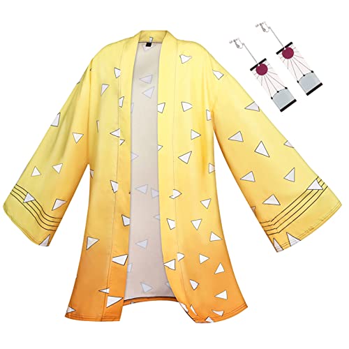 Alaiyaky Cosplay Kimono, Tanjirou/Shinobu/Nezuko/Tomioka Giyuu/Zenitsu Cosplay Kostüm Tanjirou Merch Anime Jacke Halloween Strickjacke Haori Robe Tanjirou Umhang mit Ohrringe (S, Agatsuma Zenitsu) von Alaiyaky