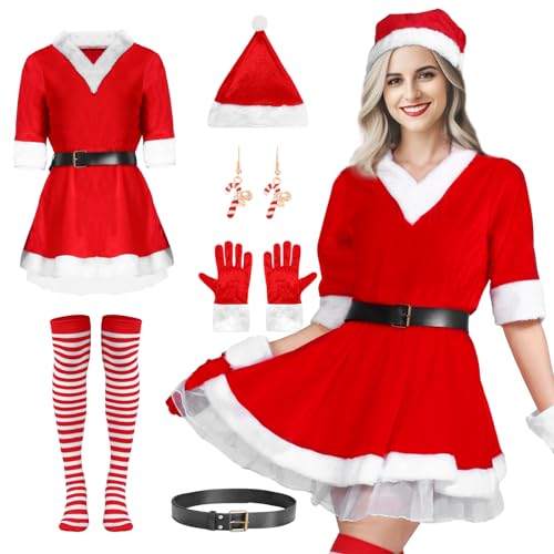 Alaiyaky Frauen Weihnachten Kostüm Set Samt Kleid Kostüm Cosplay Weihnachten Kleid Kostüm (Medium, Kleid 7pcs) von Alaiyaky